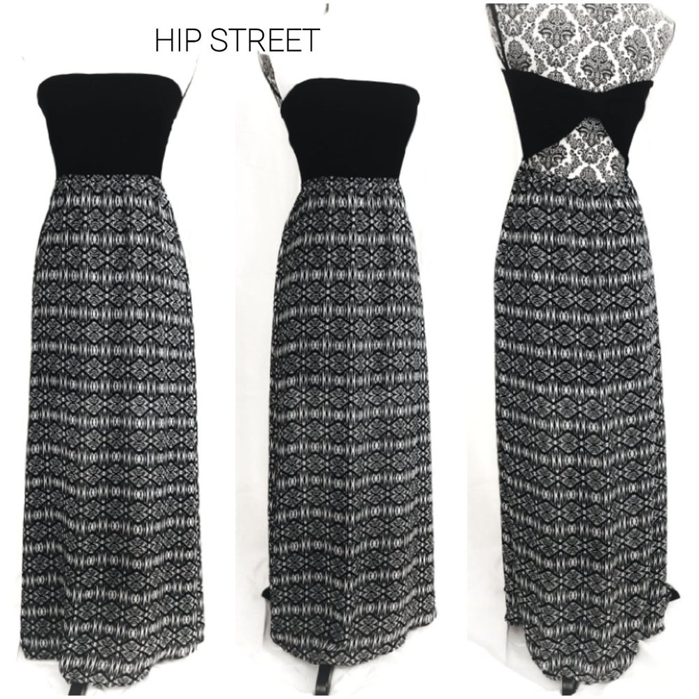 DECREE Jersey Strapless Top Tribal Print Chiffon Skirt Open Back Maxi Dress S/M